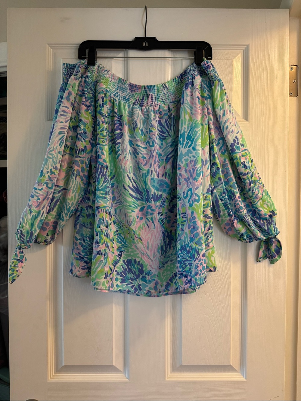 Lilly Pulitzer Off-Shoulder Floral Top in Blue, Green & Pink